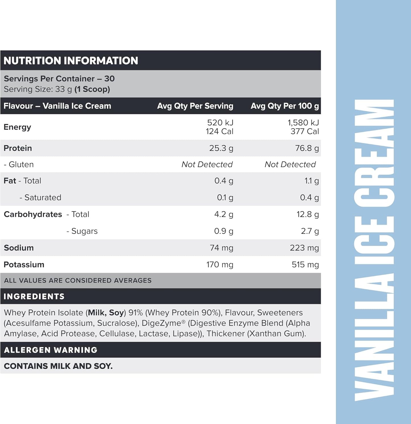 Muscle Nation Vanilla Ice Cream Flavour Whey Protein Isolate 990g (30 Serves)