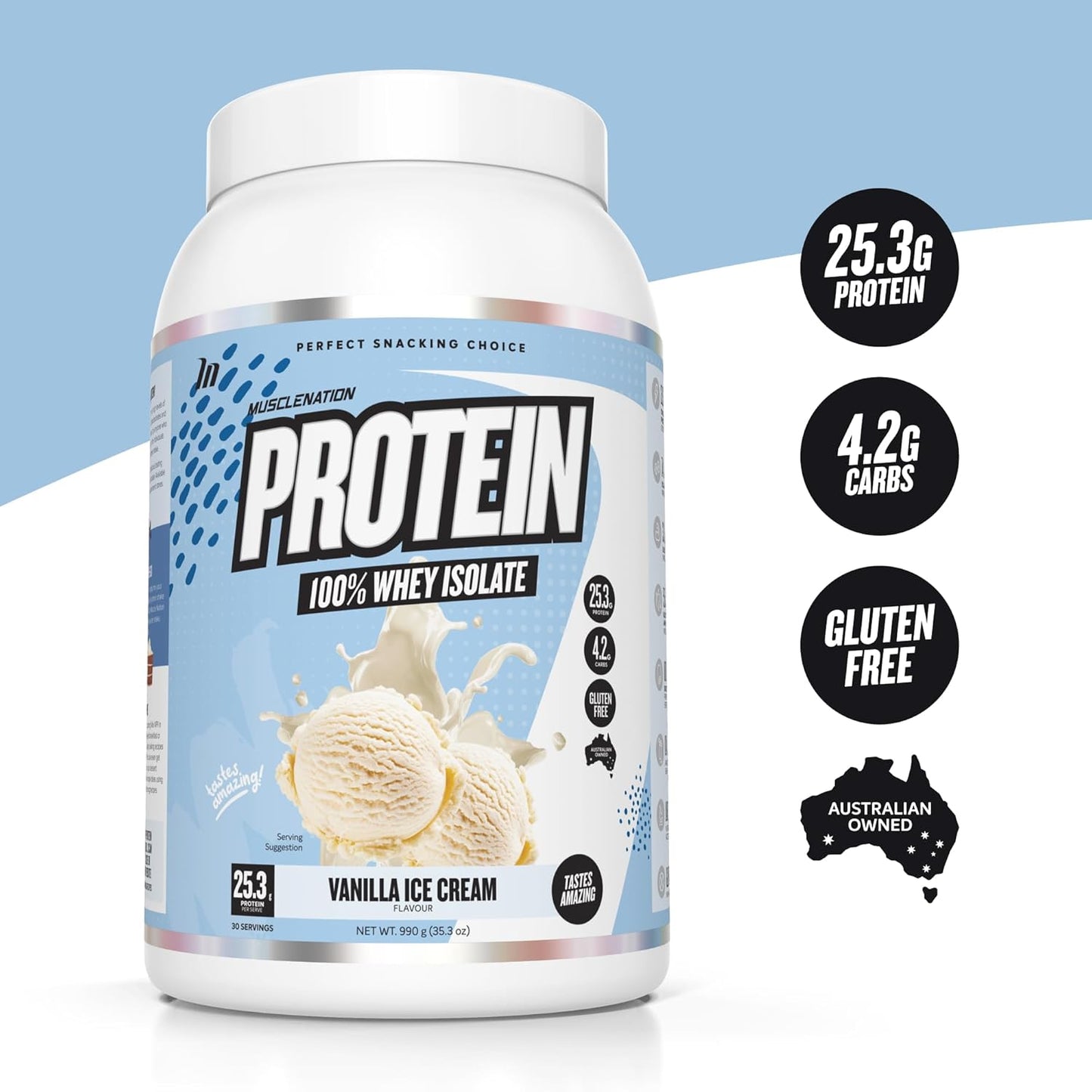 Muscle Nation Vanilla Ice Cream Flavour Whey Protein Isolate 990g (30 Serves)
