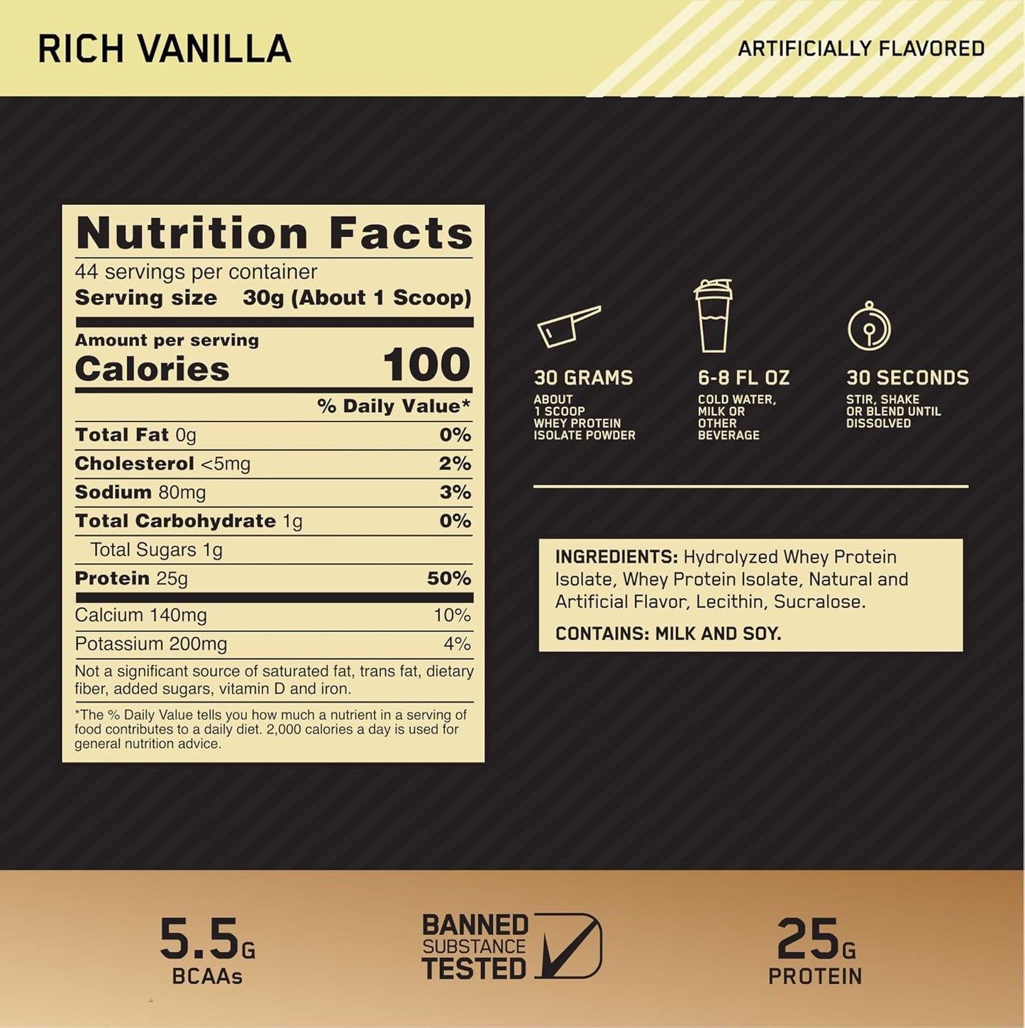 OPTIMUM NUTRITION Gold Standard 100% Isolate Protein Powder, Vanilla Flavour, 2.28kg