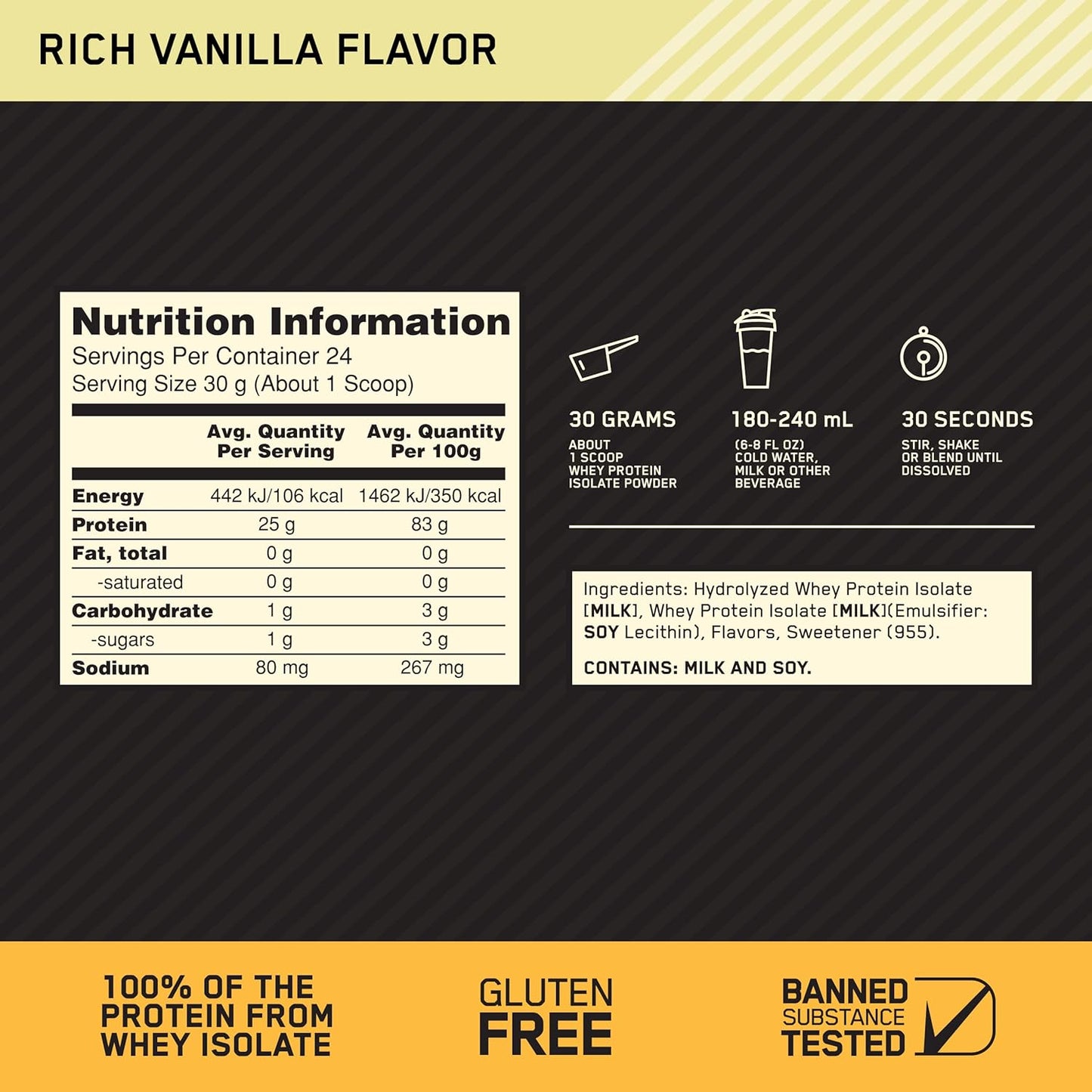 OPTIMUM NUTRITION Gold Standard 100% Isolate Protein Powder, Vanilla Flavour, 2.28kg