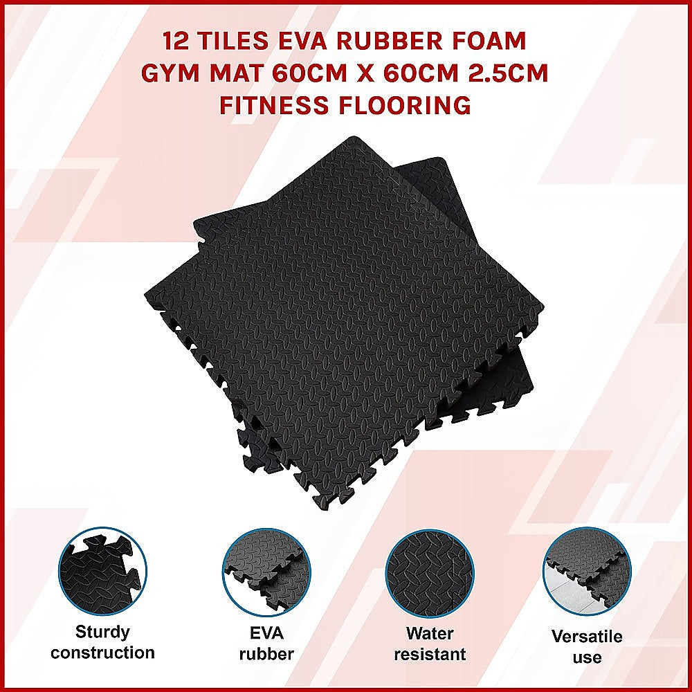 12 Tiles EVA Rubber Foam Gym Mat Flooring 60cm x 60cm 2.5cm