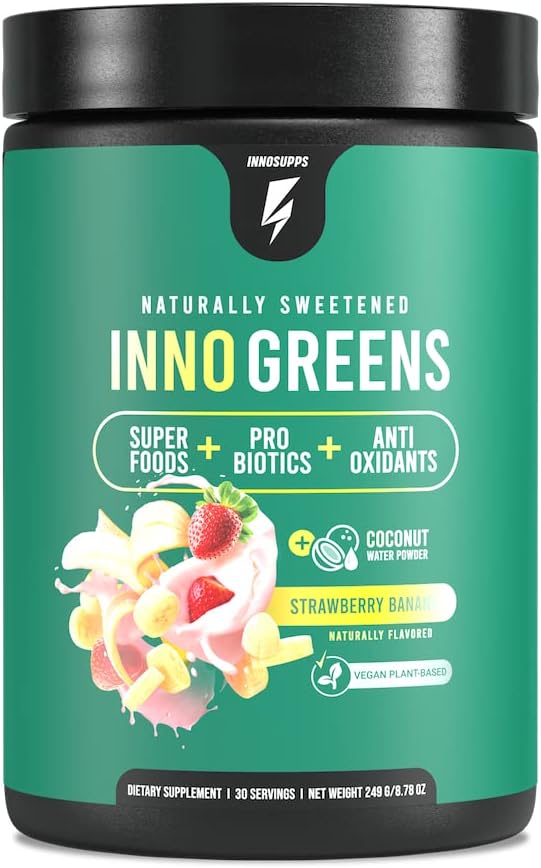 Inno Greens - 28+ Greens & Superfoods, Added Probiotics & Digestive Enzymes, Ashwagandha, Advanced Hydration & Antioxidants - Delicious Natural Flavors - 30 Servings (Paradise Punch, 9.6 oz)