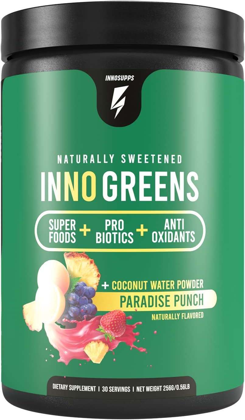 Inno Greens - 28+ Greens & Superfoods, Added Probiotics & Digestive Enzymes, Ashwagandha, Advanced Hydration & Antioxidants - Delicious Natural Flavors - 30 Servings (Paradise Punch, 9.6 oz)