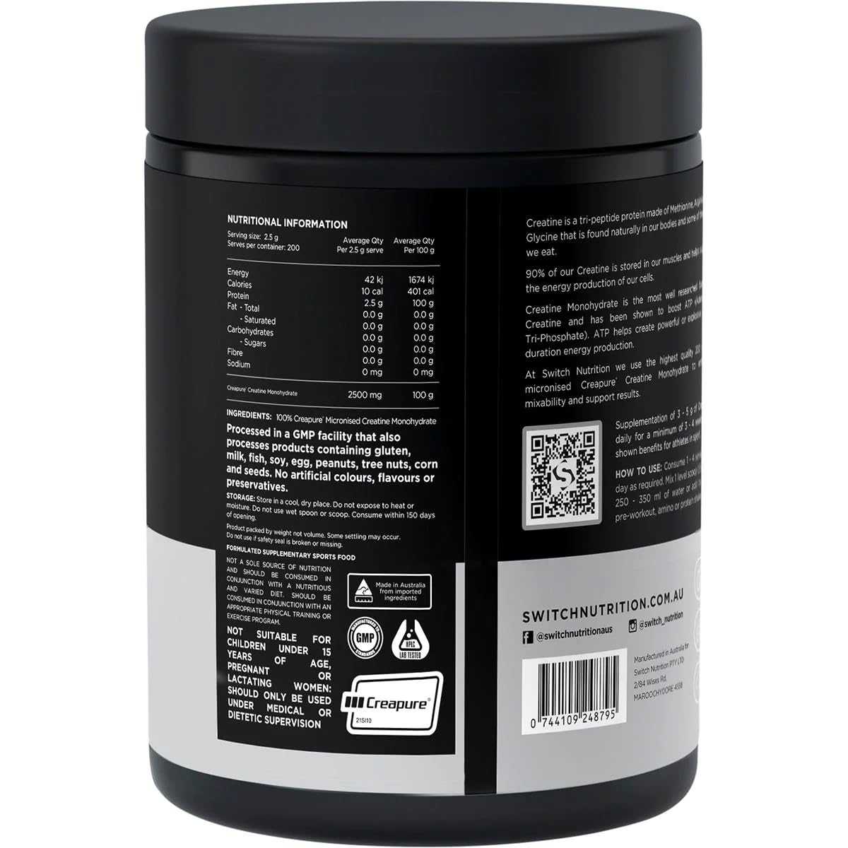 Switch Nutrition Essentials Micronised Creatine Monohydrate 500g, Black/Silver