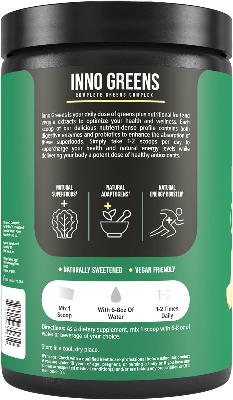 Inno Greens - 28+ Greens & Superfoods, Added Probiotics & Digestive Enzymes, Ashwagandha, Advanced Hydration & Antioxidants - Delicious Natural Flavors - 30 Servings (Paradise Punch, 9.6 oz)