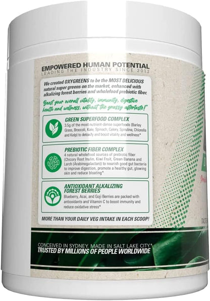 EHP Labs OxyGreens Daily Super Greens Powder - Green Superfood, Spirulina Herbal Supplement with Prebiotic Fibre, Alkalizing Antioxidants & Immunity Wellness, 30 Serves (Forest Berries)