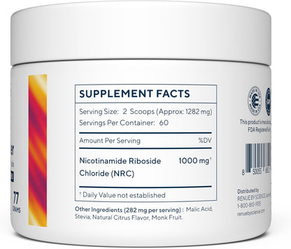Renue By Science Nicotinamide Riboside Powder, 1000mg NAD Precursor, High Potency NR Sublingual Citrus Burst Flavor for Cellular Health, Rejuvenation, Neuroprotection, and Longevity, 60 Servings