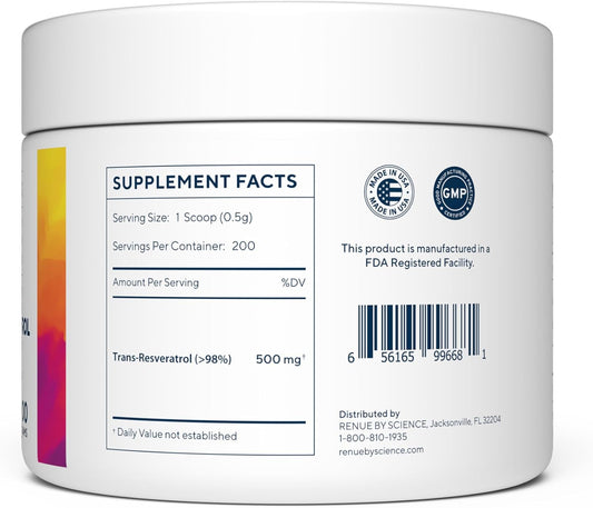 Renue By Science Pure Trans Resveratrol Powder - 100 Grams, 200 Day Supply - Supports Longevity, DNA Repair, Cellular Function, and Healthy Metabolism - Research Backed and Third-Party Tested