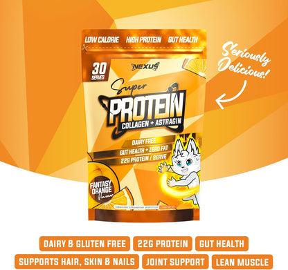 Nexus Protein Water Powder, Fantasy Orange Collagen Protein Drink, Dairy-Free, Gluten-Free, Zero Fat, Low Calories, 22g of Protein (per serving), Astragin, Root Extracts, Potassium, 750g (30 Servings)