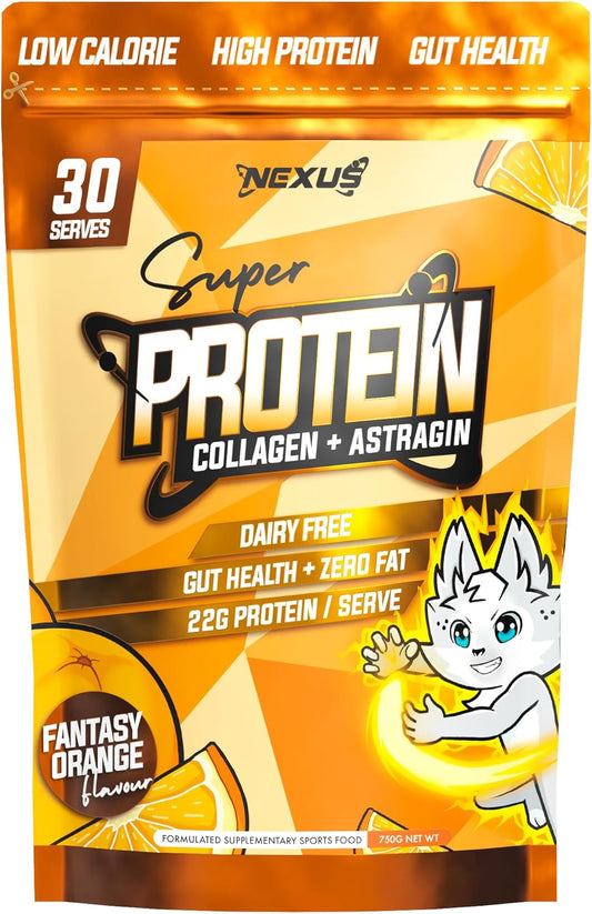 Nexus Protein Water Powder, Fantasy Orange Collagen Protein Drink, Dairy-Free, Gluten-Free, Zero Fat, Low Calories, 22g of Protein (per serving), Astragin, Root Extracts, Potassium, 750g (30 Servings)