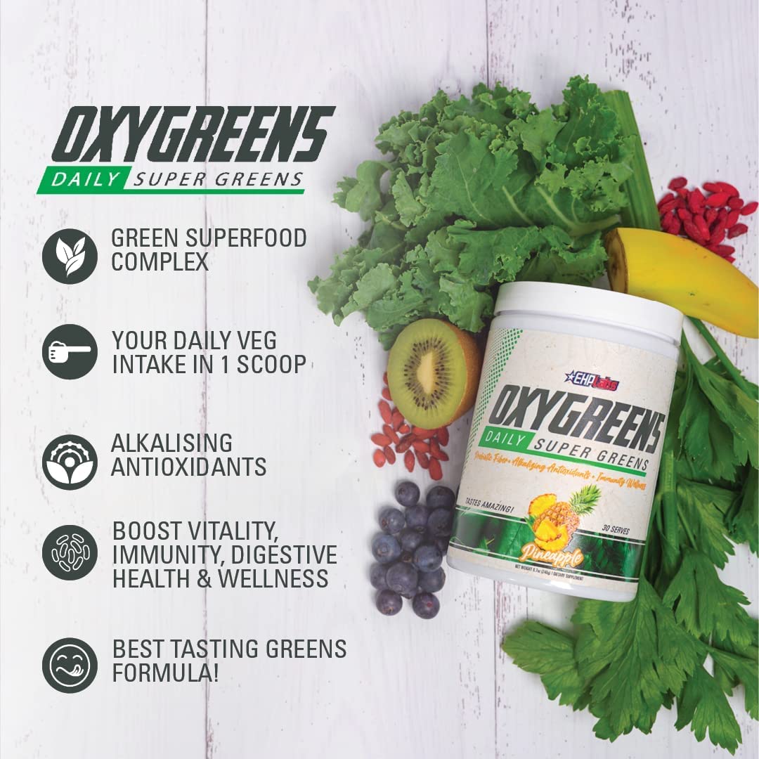 EHP Labs OxyGreens Daily Super Greens Powder - Green Superfood, Spirulina Herbal Supplement with Prebiotic Fibre, Alkalizing Antioxidants & Immunity Wellness, 30 Serves (Forest Berries)