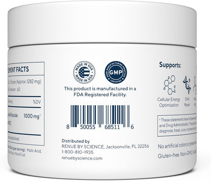 Renue By Science Nicotinamide Riboside Powder, 1000mg NAD Precursor, High Potency NR Sublingual Citrus Burst Flavor for Cellular Health, Rejuvenation, Neuroprotection, and Longevity, 60 Servings