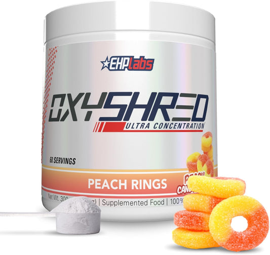 EHPlabs OxyShred Ultra Concentration Shredding Supplement - Clinically Proven, Pre Workout, Promotes Shredding, Natural Energy Boost - Peach Candy Rings, 60 Servings