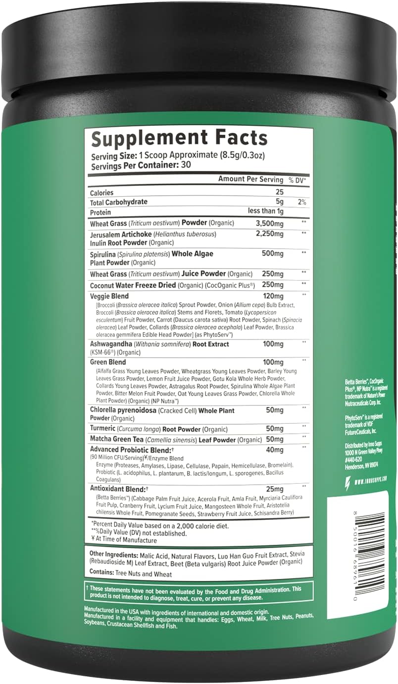 Inno Greens - 28+ Greens & Superfoods, Added Probiotics & Digestive Enzymes, Ashwagandha, Advanced Hydration & Antioxidants - Delicious Natural Flavors - 30 Servings (Paradise Punch, 9.6 oz)