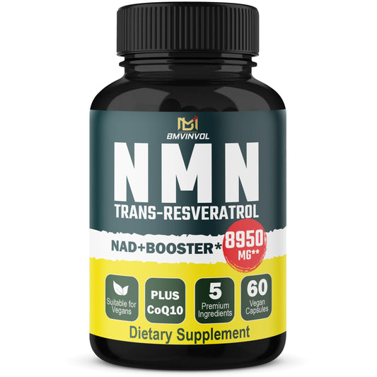 NMN Supplement 𝟖𝟗𝟓𝟎𝐦𝐠 - 𝟔𝟎 𝐂𝐚𝐩𝐬𝐮𝐥𝐞𝐬 with Coenzyme Q10, Rhodiola Rosea, Trans-Resveratrol, Black Pepper - Strong Formula for Immune System, Energy Production & Anti-Aging Support