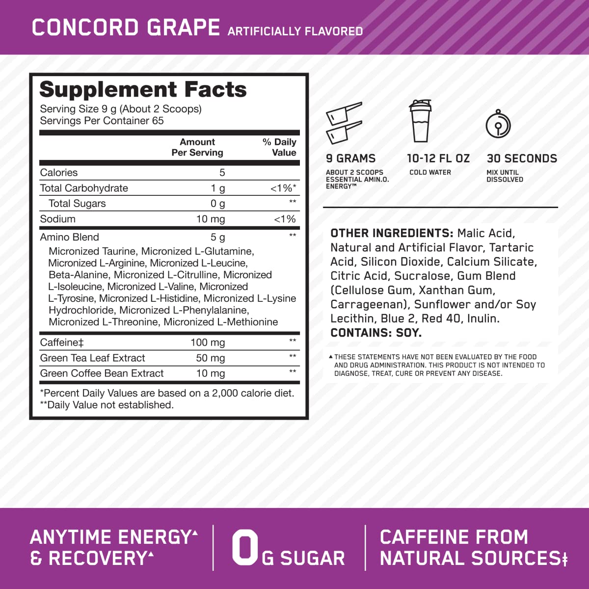 OPTIMUM NUTRITION Amino Energy, Concord Grape, 65 Serves, 585 g