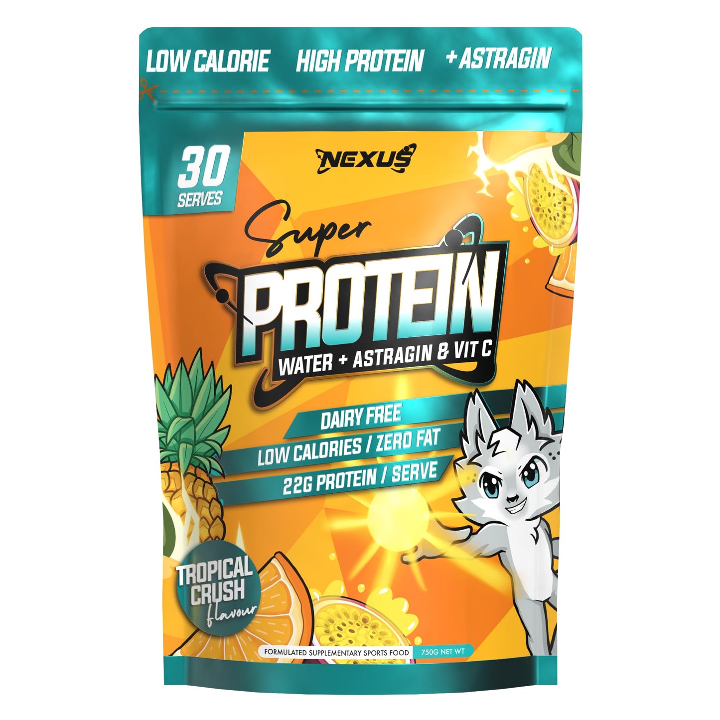 Nexus Protein Water Powder, Fantasy Orange Collagen Protein Drink, Dairy-Free, Gluten-Free, Zero Fat, Low Calories, 22g of Protein (per serving), Astragin, Root Extracts, Potassium, 750g (30 Servings)