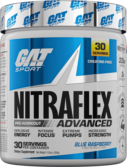 GAT Clinically Tested Nitraflex, Testosterone Enhancing Pre Workout, Blue Raspberry,300 Gram