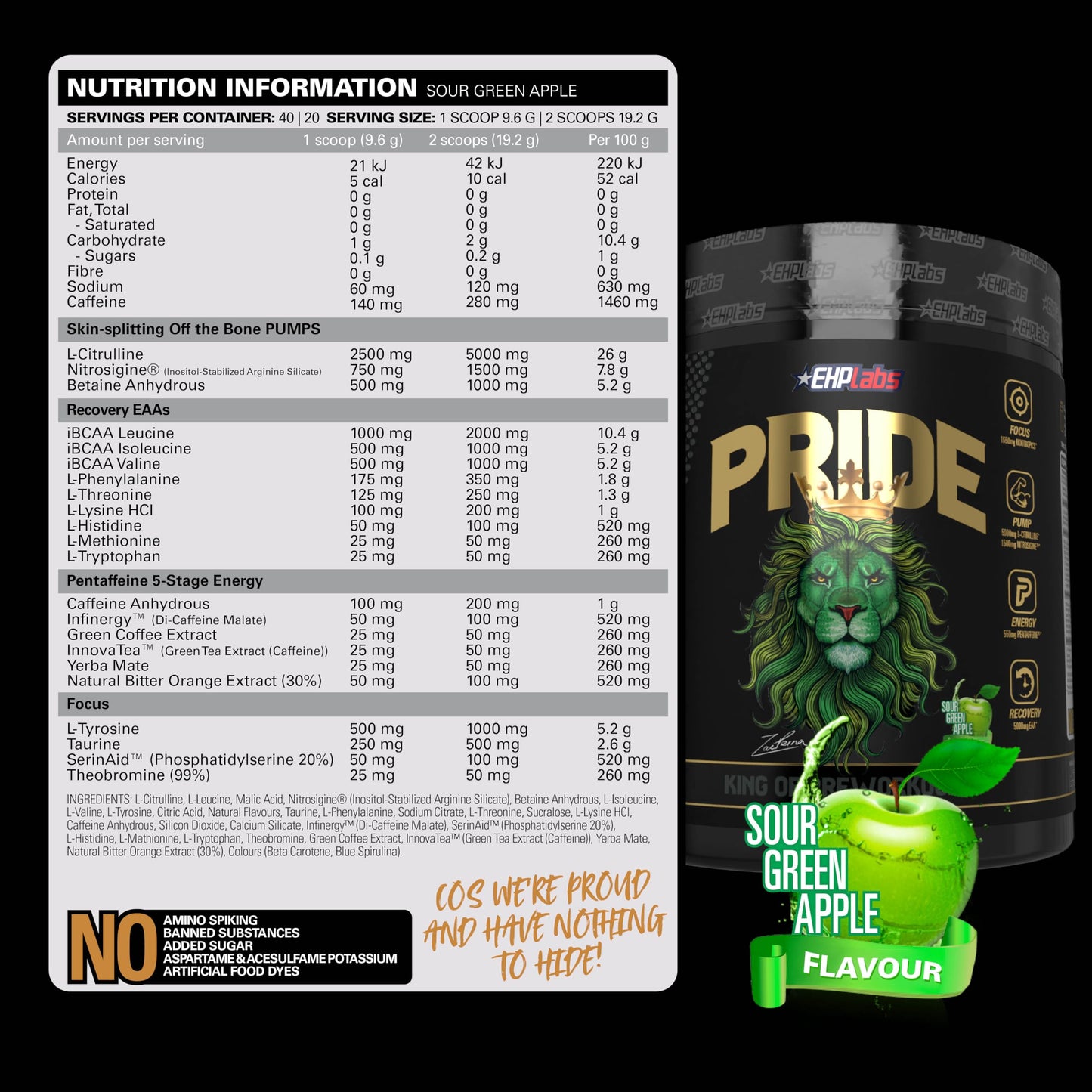 EHPlabs PRIDE Pre Workout Supplement Powder - Full Strength Pre-Workout Energy Supplement, Sharp Focus, Epic Pumps & Faster Recovery - Sour Green Apple (40 Servings)