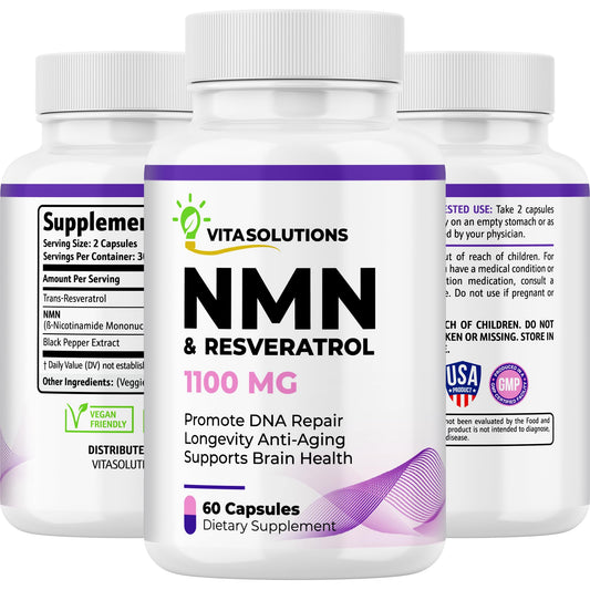 VitaSolutions NMN Supplement 1100mg - Advanced NMN Supplement with Resveratrol – Mind and Body Support NMN 1100mg Capsules for Men and Women – Targets Longevity and Cognitive Function - 60 Capsules