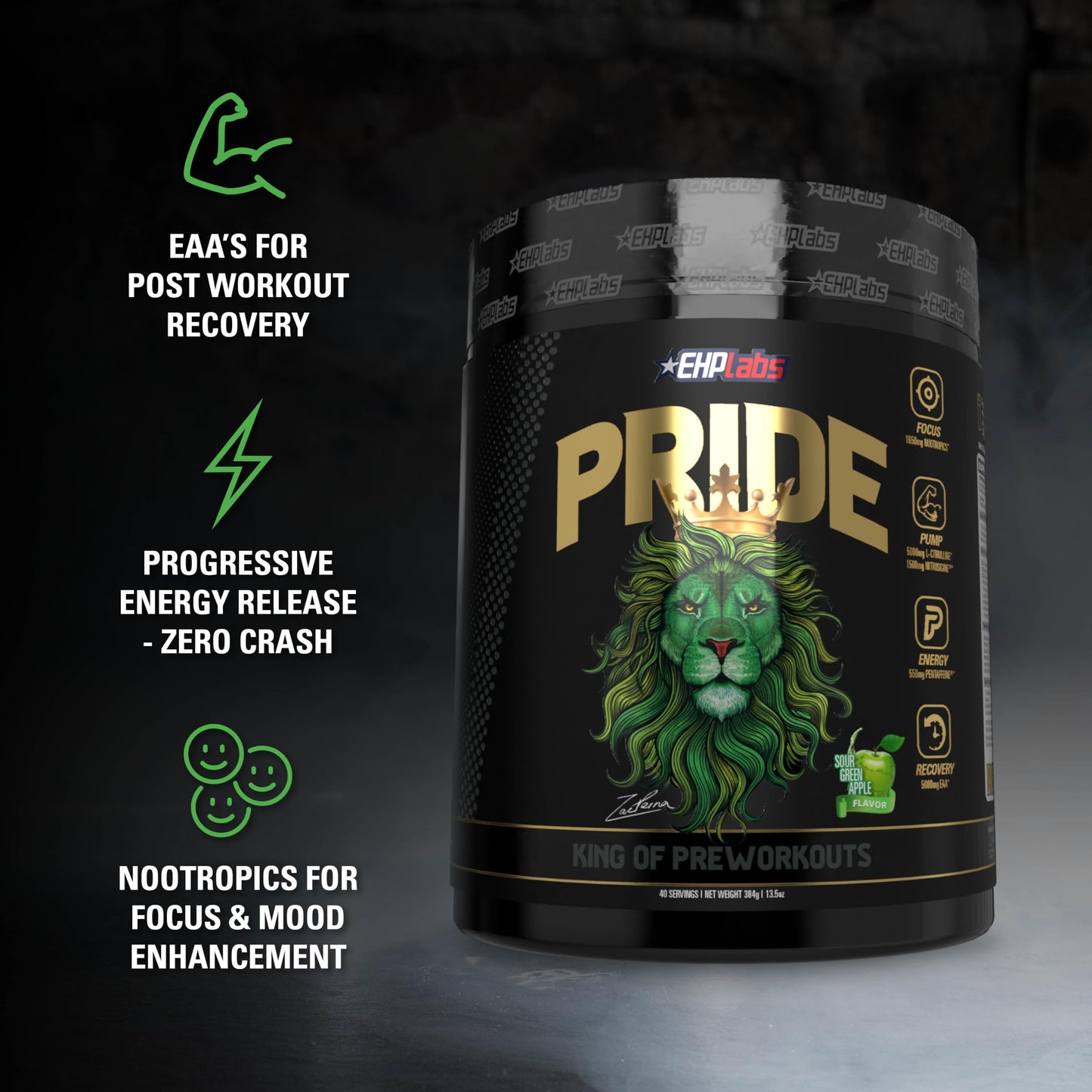 EHPlabs PRIDE Pre Workout Supplement Powder - Full Strength Pre-Workout Energy Supplement, Sharp Focus, Epic Pumps & Faster Recovery - Sour Green Apple (40 Servings)