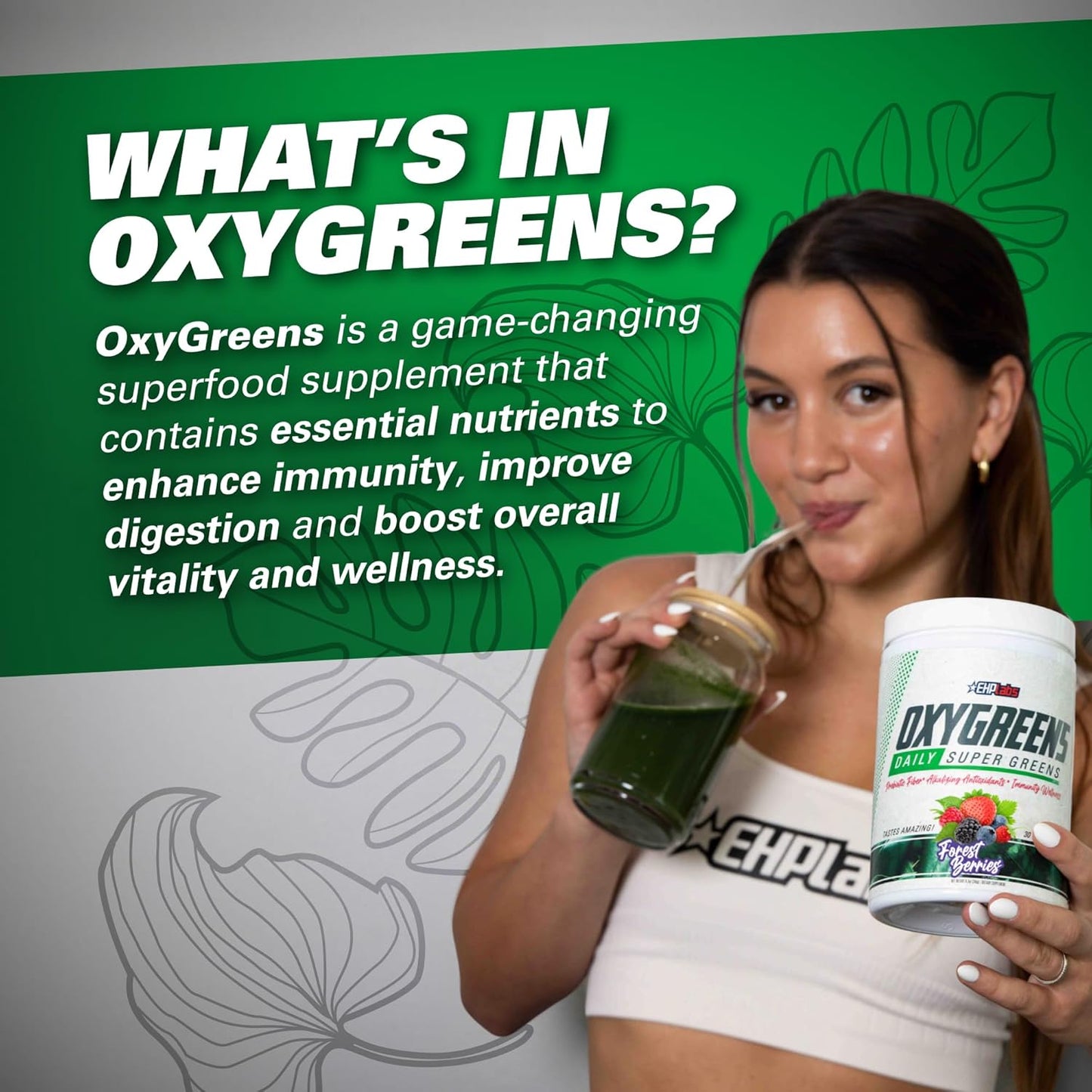 EHP Labs OxyGreens Daily Super Greens Powder - Green Superfood, Spirulina Herbal Supplement with Prebiotic Fibre, Alkalizing Antioxidants & Immunity Wellness, 30 Serves (Forest Berries)