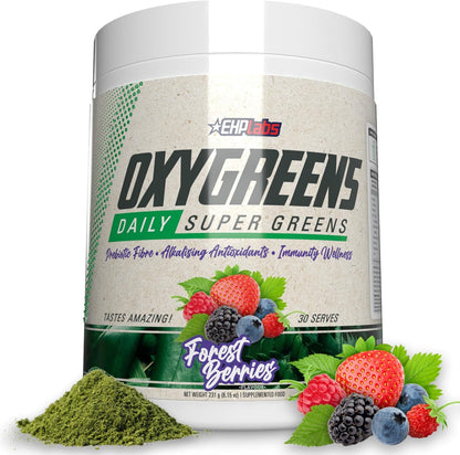 EHP Labs OxyGreens Daily Super Greens Powder - Green Superfood, Spirulina Herbal Supplement with Prebiotic Fibre, Alkalizing Antioxidants & Immunity Wellness, 30 Serves (Forest Berries)