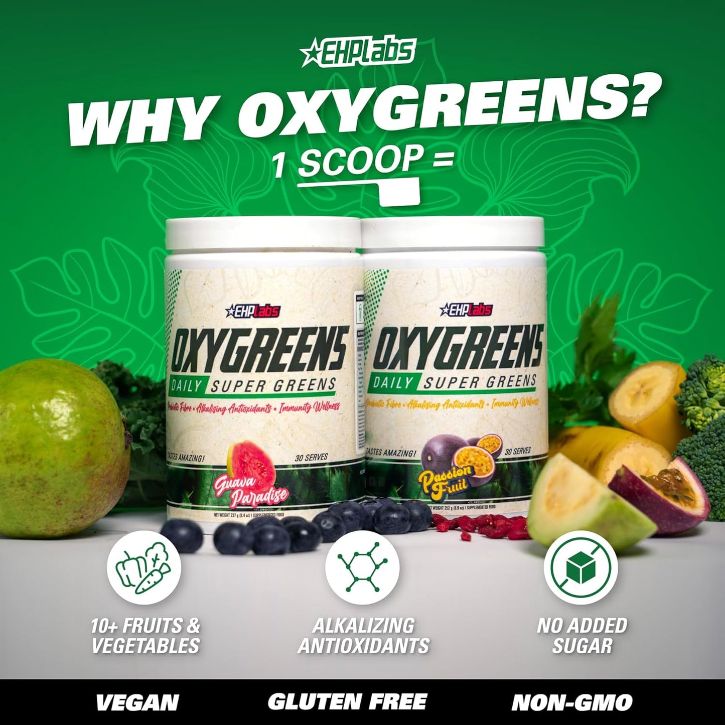 EHP Labs OxyGreens Daily Super Greens Powder - Green Superfood, Spirulina Herbal Supplement with Prebiotic Fibre, Alkalizing Antioxidants & Immunity Wellness, 30 Serves (Forest Berries)