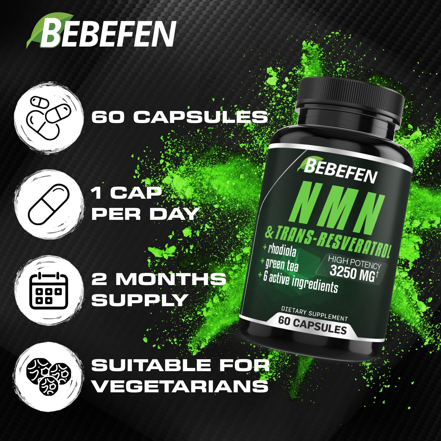 Bebefen NMN Supplement - 3250Mg with Trans-Resveratrol, Black Pepper. Nicotinamide Mononucleotide Capsules, 6-in-1 for Supports Anti-Aging & Antioxidant & Energy