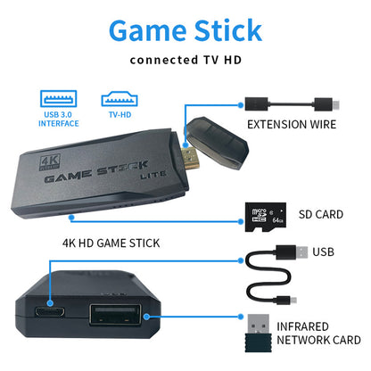 64G 4K 10000+ Retro Games Stick TV Video Game Console HDMI 2 Wireless Controller