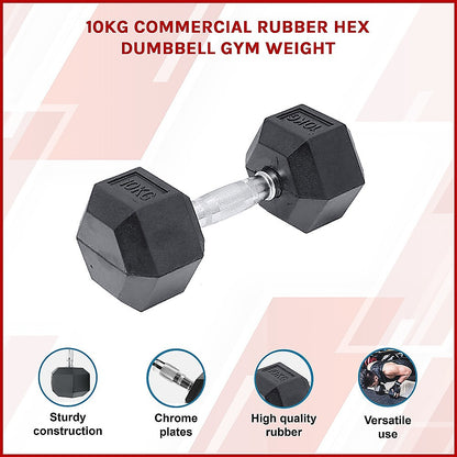 10KG Rubber Hex Dumbbell Gym Weight
