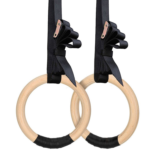 Wood Gymnastic Rings with Adjustable Buckle Straps