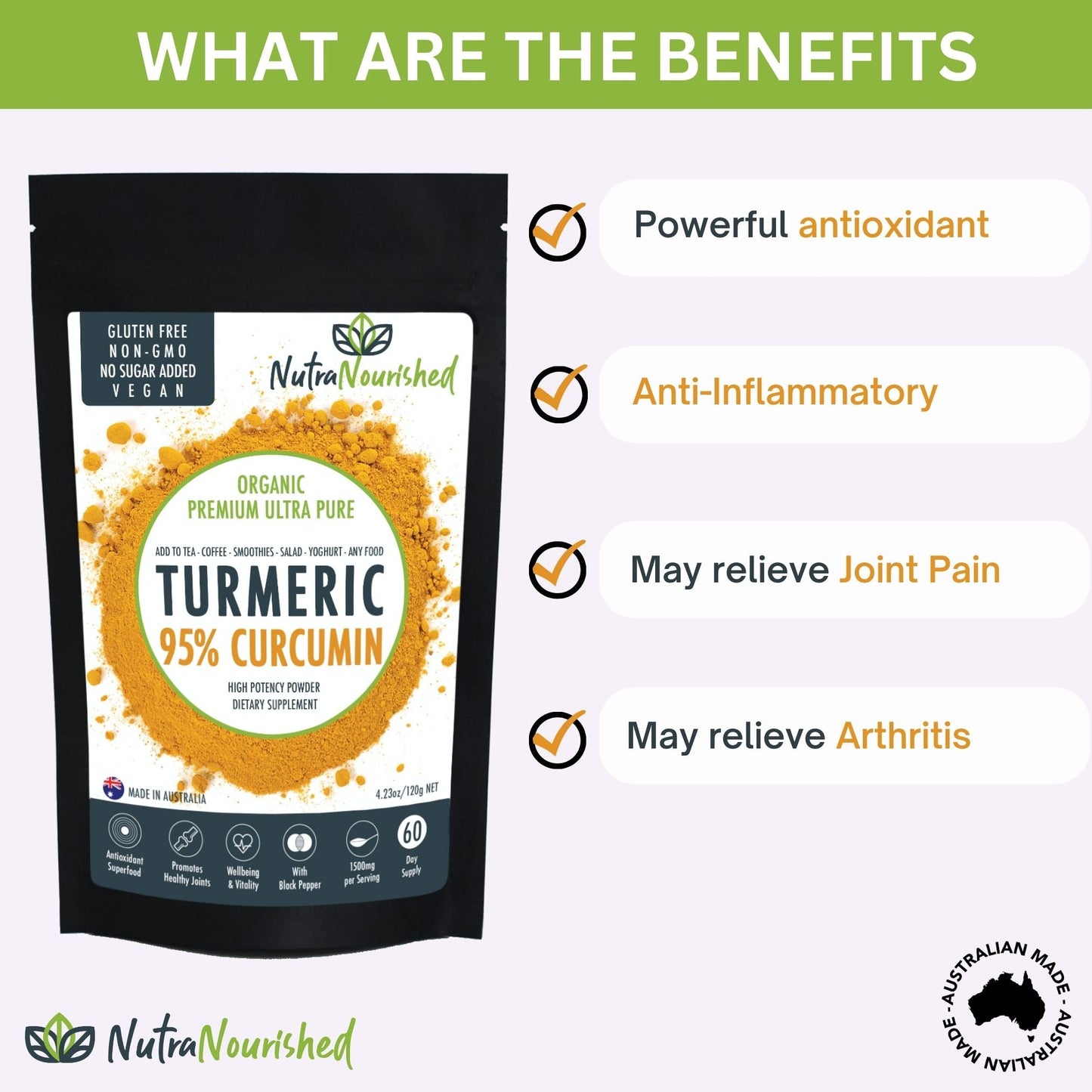 Pure Organic 95% Curcumin Powder - 1500mg of Turmeric Extract Buffered with Black Pepper